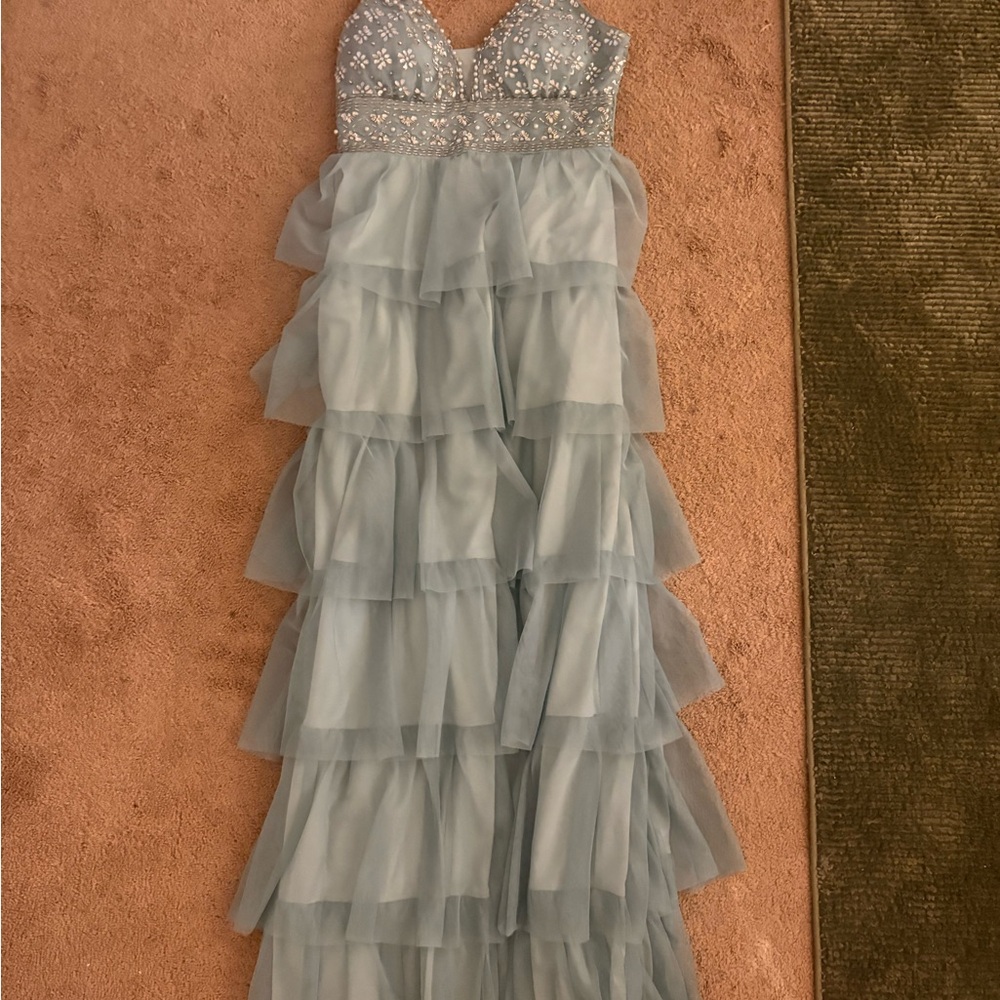 sage green/blue formal dress with beading details